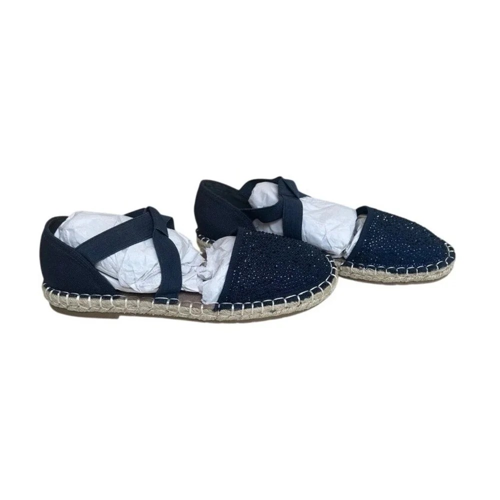 Kenneth Cole Reaction Navy Blue Rhinestone Espadrille‎ Flats Elastic Strap Shoes